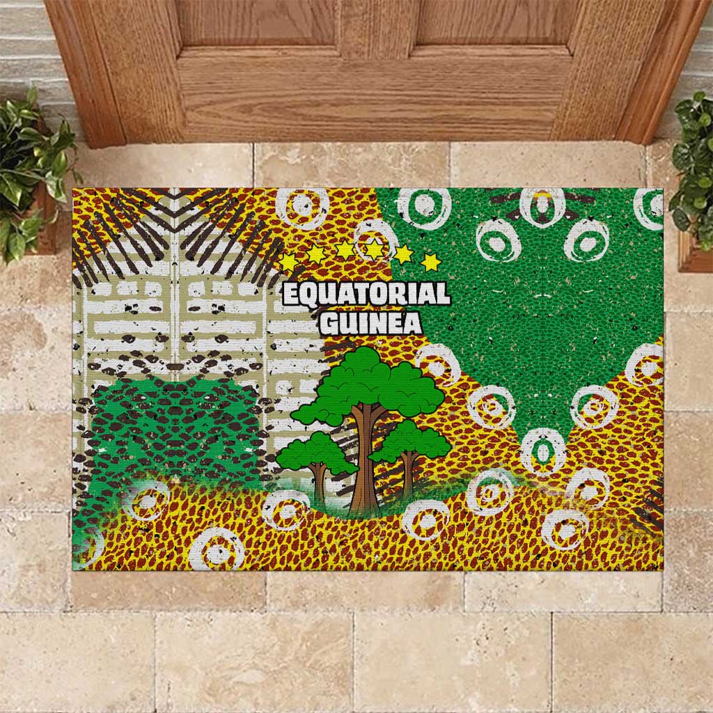 Equatorial Guinea Baobab Tree Rubber Doormat with Tribal Patterns and Heritage Quote