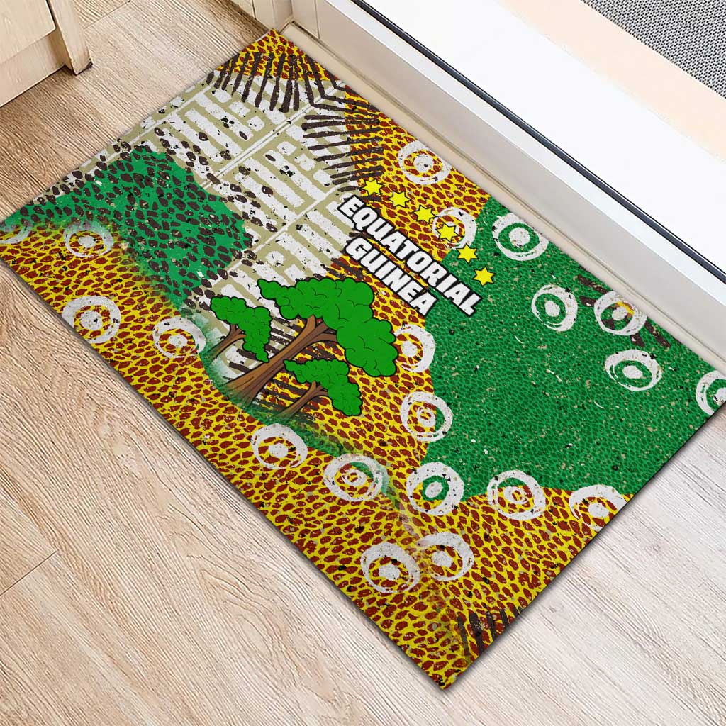 Equatorial Guinea Baobab Tree Rubber Doormat with Tribal Patterns and Heritage Quote
