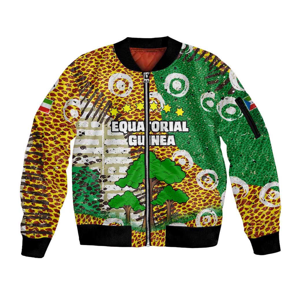 Equatorial Guinea Baobab Tree Sleeve Zip Bomber Jacket with Tribal Patterns and Heritage Quote