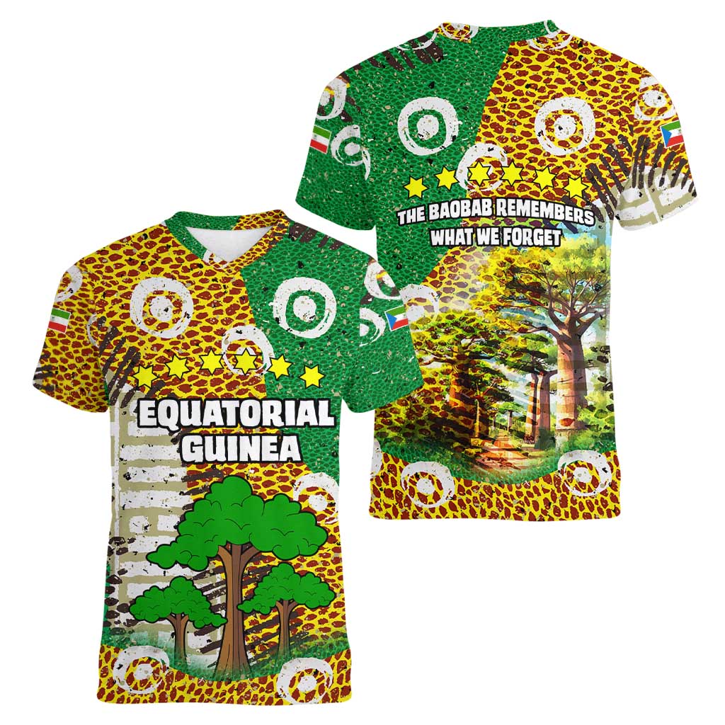 Equatorial Guinea Baobab Tree Women V-Neck T-Shirt with Tribal Patterns and Heritage Quote