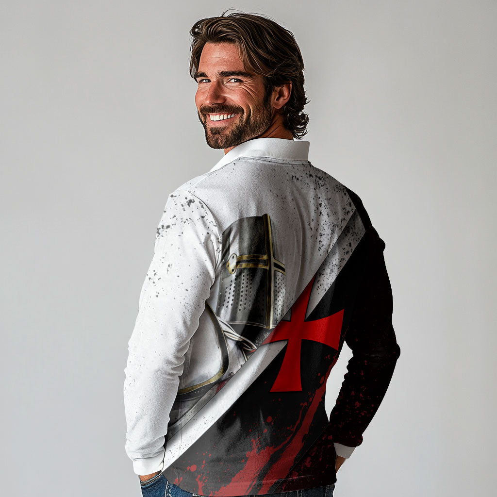 Knights Templar Long Sleeve Polo Shirt Crusader Warrior Full Armor Red Cross