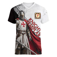Knights Templar Women V-Neck T-Shirt Crusader Warrior Full Armor Red Cross