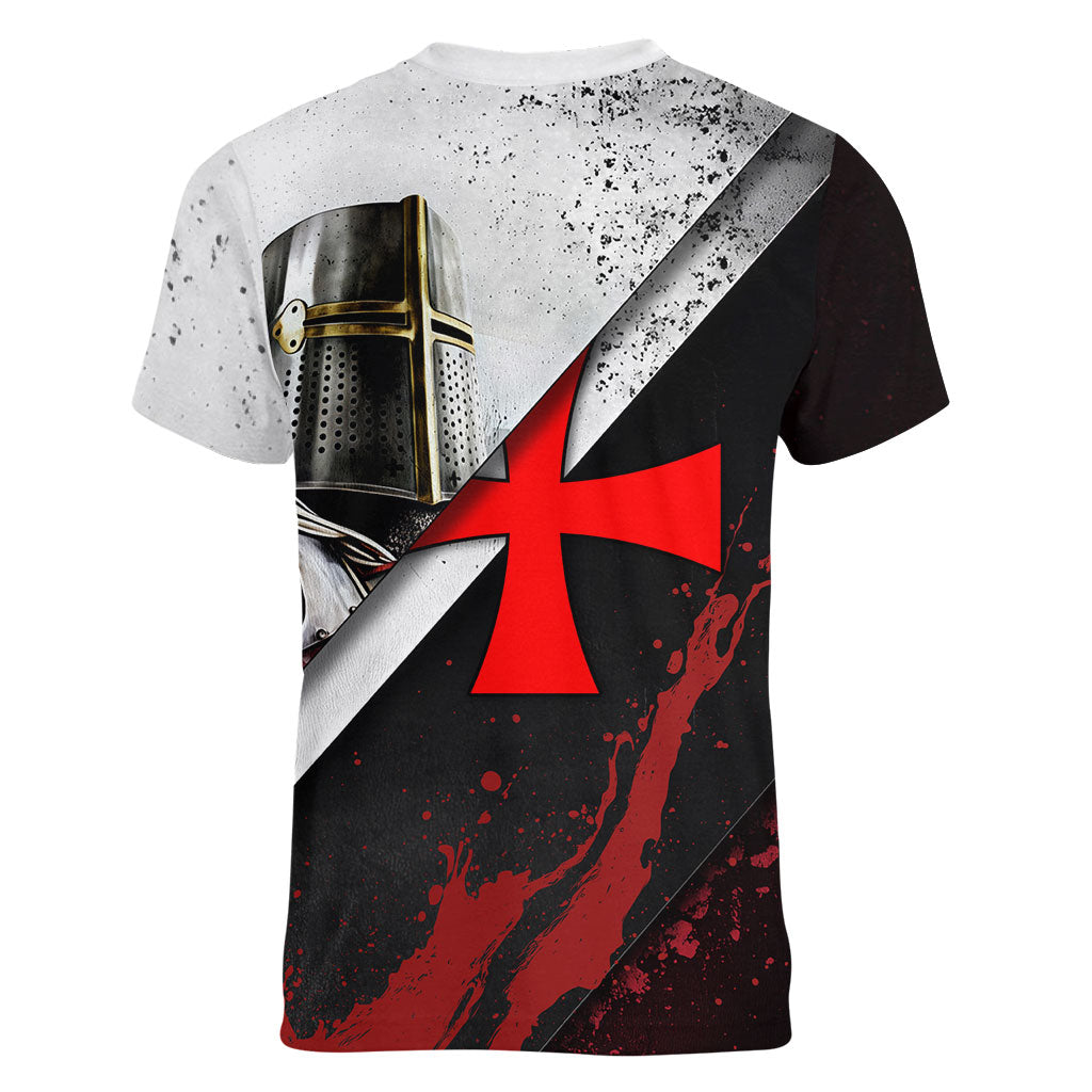 Knights Templar Women V-Neck T-Shirt Crusader Warrior Full Armor Red Cross