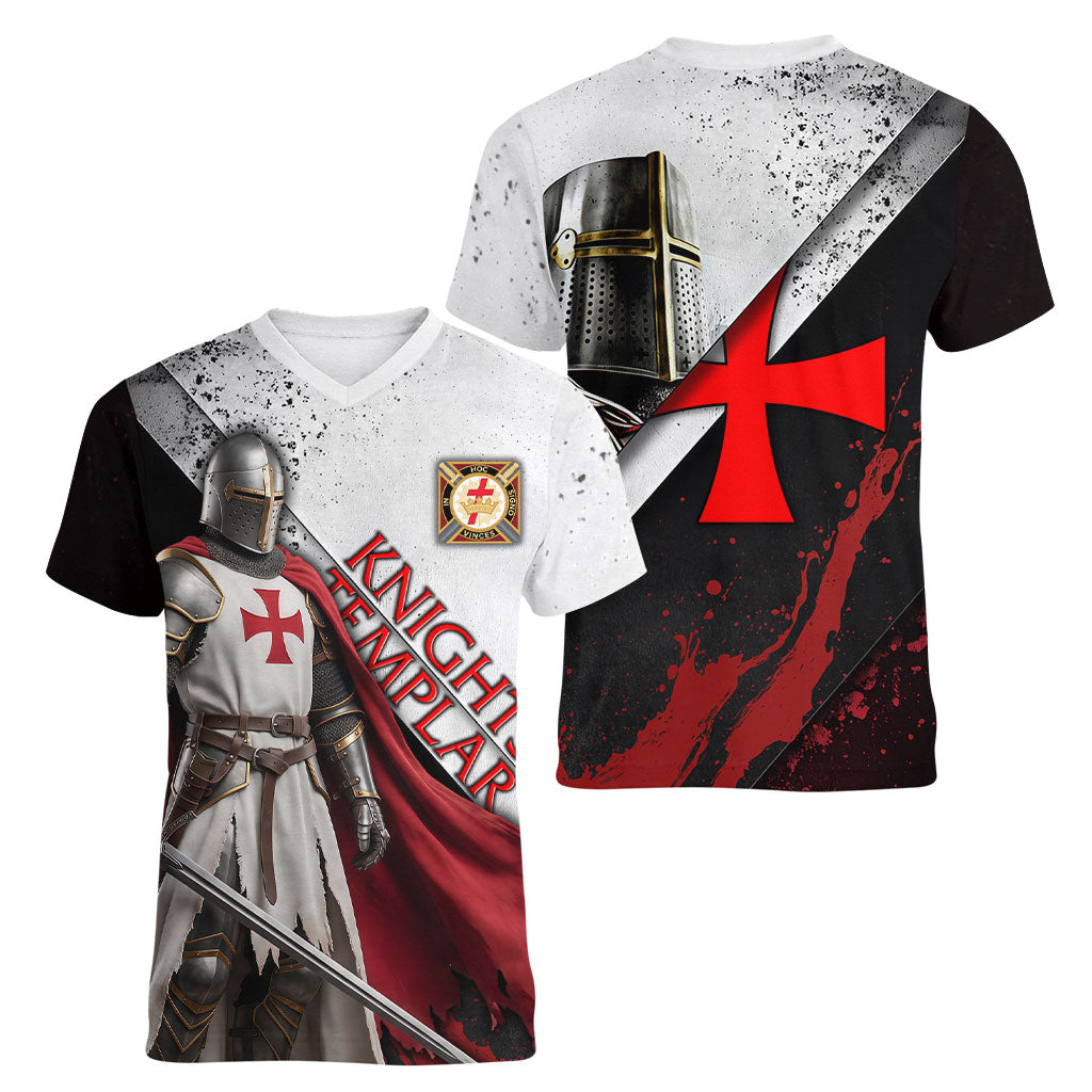 Knights Templar Women V-Neck T-Shirt Crusader Warrior Full Armor Red Cross