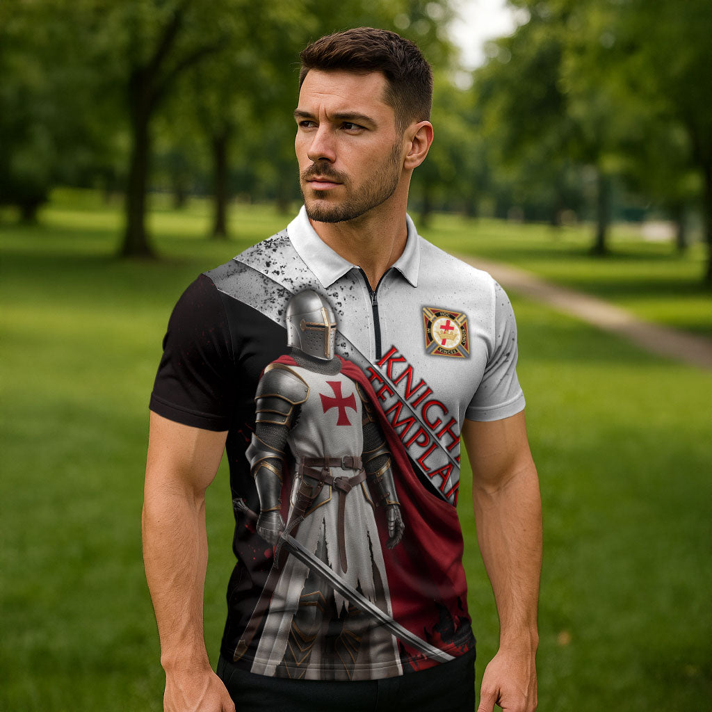 Knights Templar Zipper Polo Shirt Crusader Warrior Full Armor Red Cross