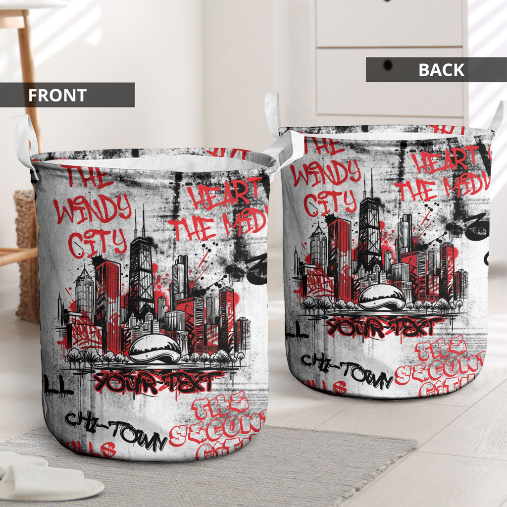 Personalized Chicago City Skyline Laundry Basket Urban Graffiti - Cloud Gate - Windy City Typography