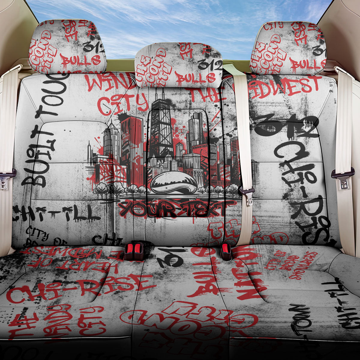 Personalized Chicago City Skyline Back Car Seat Cover Urban Graffiti - Cloud Gate - Windy City Typography