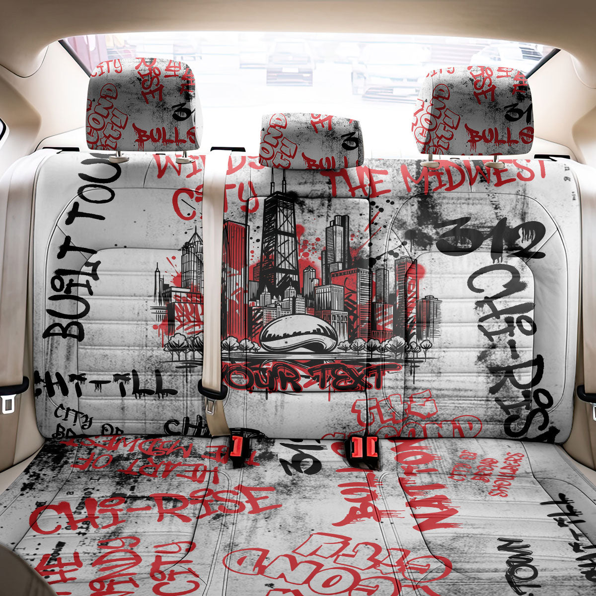Personalized Chicago City Skyline Back Car Seat Cover Urban Graffiti - Cloud Gate - Windy City Typography