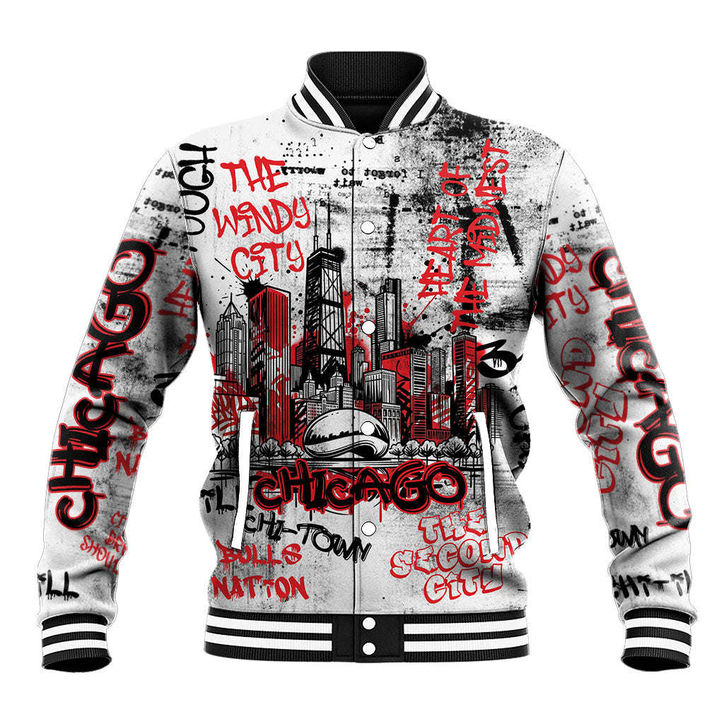 Personalized Chicago City Skyline Baseball Jacket Urban Graffiti - Cloud Gate - Windy City Typography