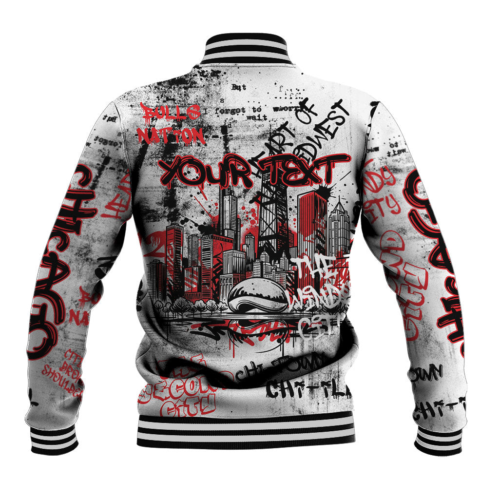 Personalized Chicago City Skyline Baseball Jacket Urban Graffiti - Cloud Gate - Windy City Typography
