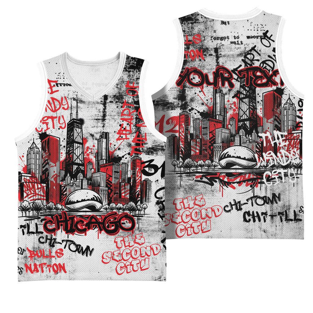 Personalized Chicago City Skyline Basketball Jersey Urban Graffiti - Cloud Gate - Windy City Typography