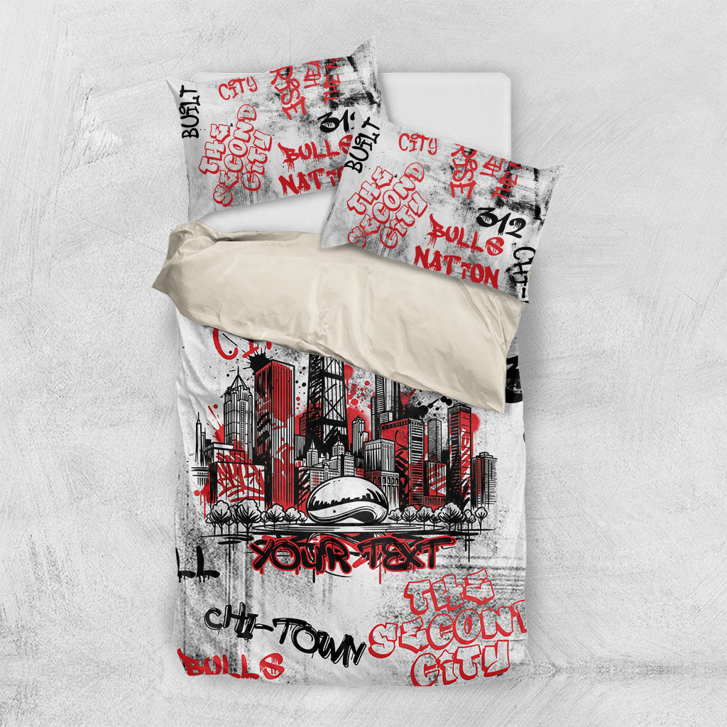 Personalized Chicago City Skyline Bedding Set Urban Graffiti - Cloud Gate - Windy City Typography