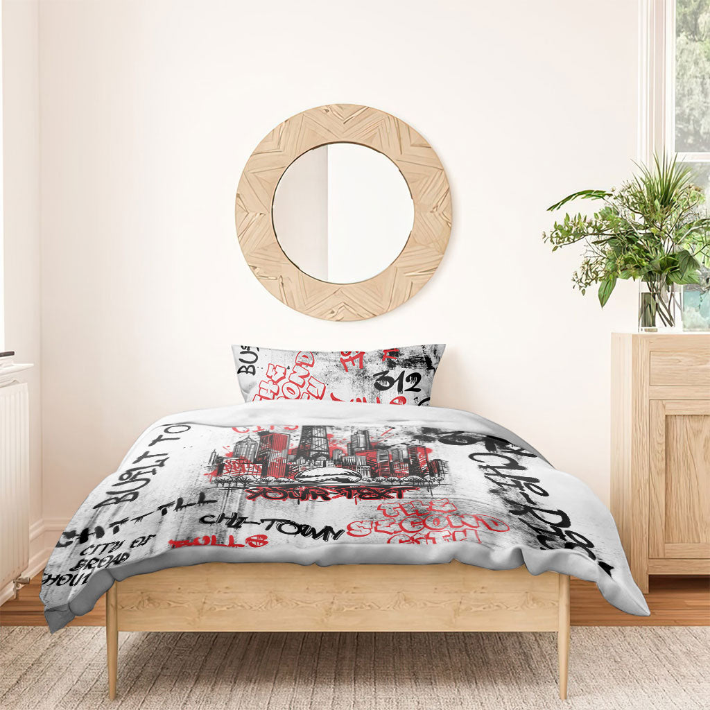 Personalized Chicago City Skyline Bedding Set Urban Graffiti - Cloud Gate - Windy City Typography