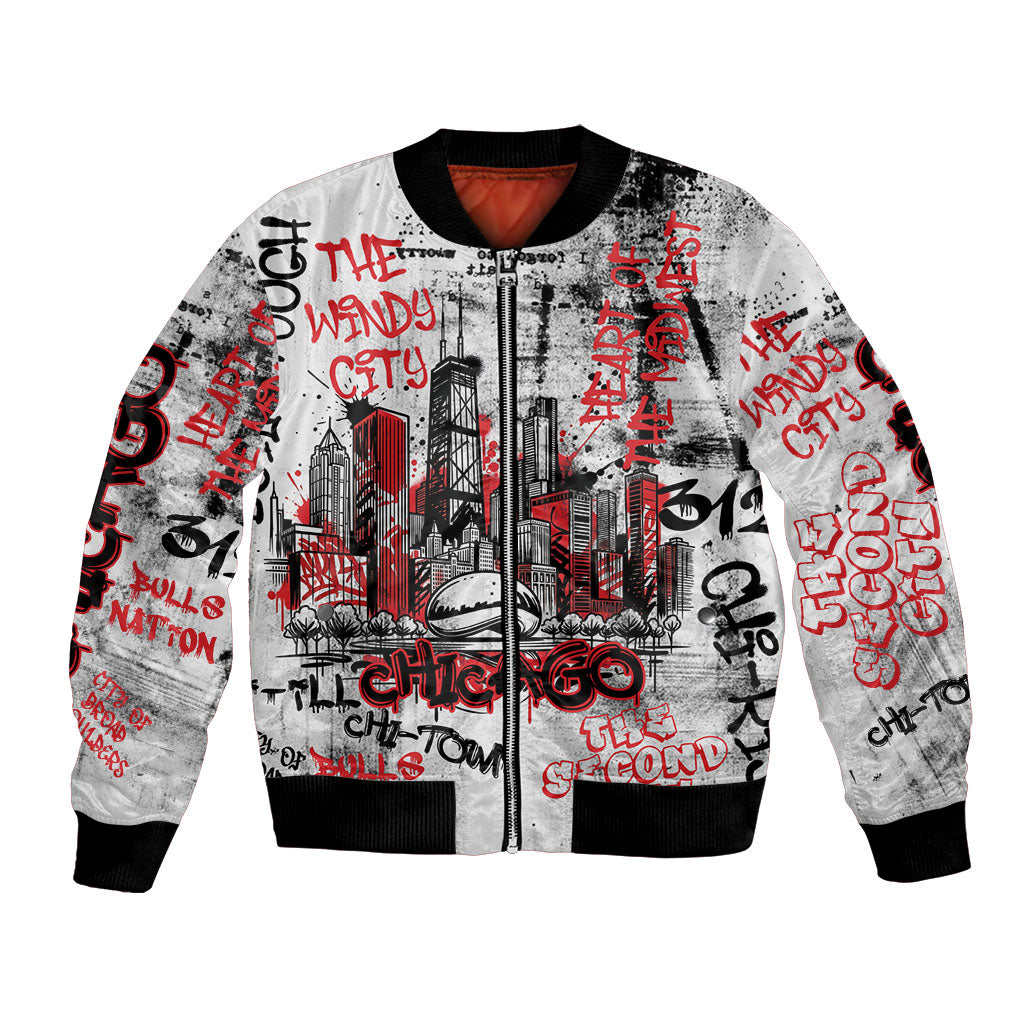 Personalized Chicago City Skyline Bomber Jacket Urban Graffiti - Cloud Gate - Windy City Typography