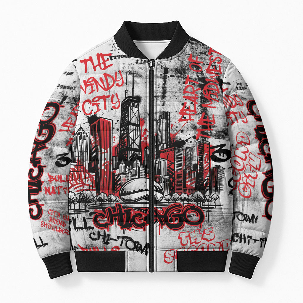 Personalized Chicago City Skyline Bomber Puffer Jacket Urban Graffiti - Cloud Gate - Windy City Typography