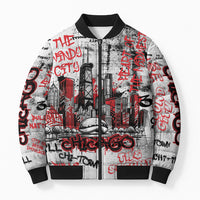 Personalized Chicago City Skyline Bomber Puffer Jacket Urban Graffiti - Cloud Gate - Windy City Typography