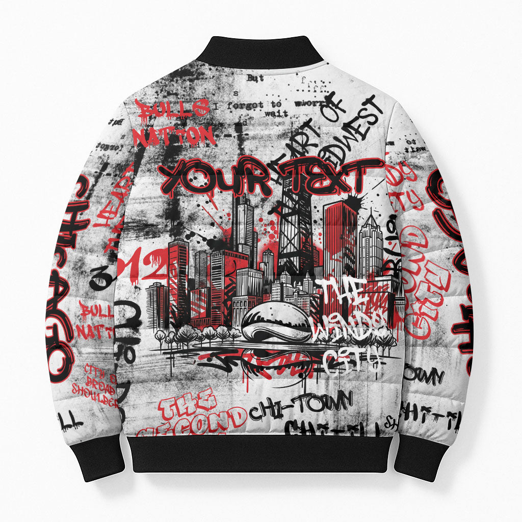 Personalized Chicago City Skyline Bomber Puffer Jacket Urban Graffiti - Cloud Gate - Windy City Typography