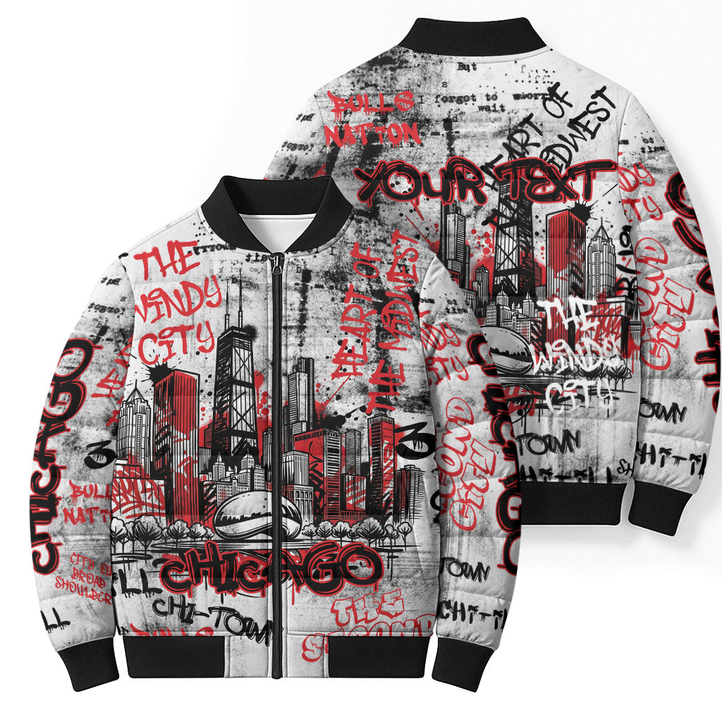 Personalized Chicago City Skyline Bomber Puffer Jacket Urban Graffiti - Cloud Gate - Windy City Typography