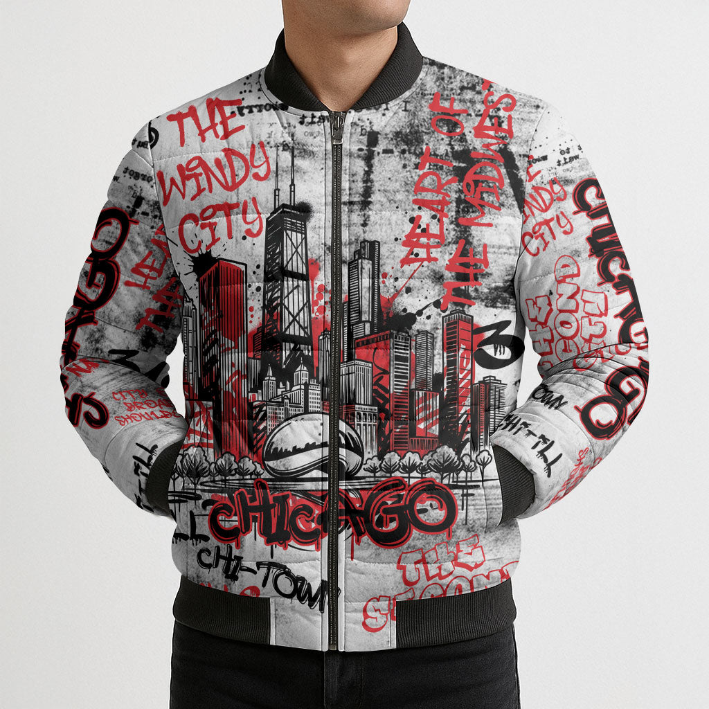 Personalized Chicago City Skyline Bomber Puffer Jacket Urban Graffiti - Cloud Gate - Windy City Typography