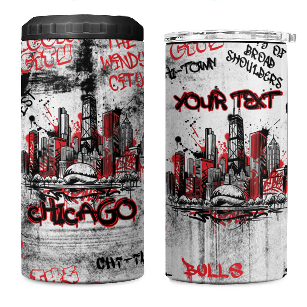 Personalized Chicago City Skyline 4 in 1 Can Cooler Tumbler Urban Graffiti - Cloud Gate - Windy City Typography