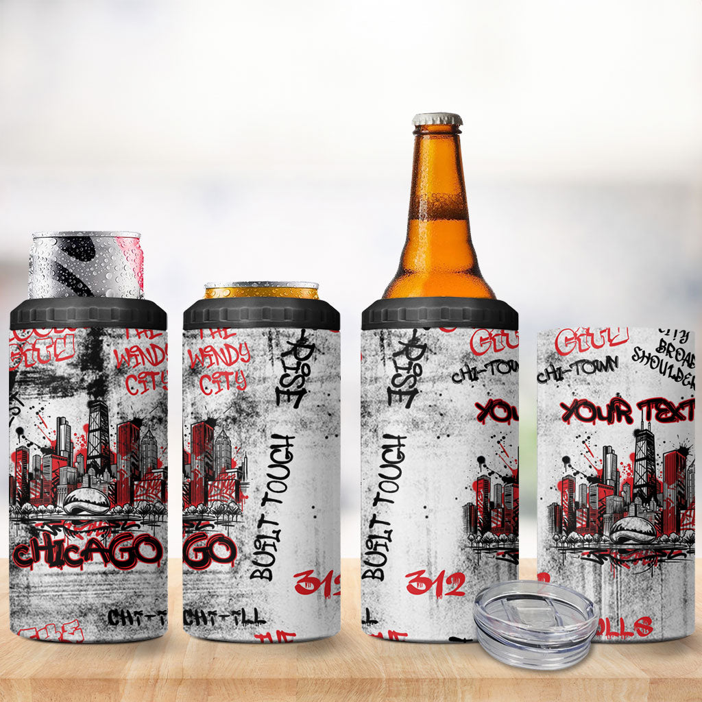 Personalized Chicago City Skyline 4 in 1 Can Cooler Tumbler Urban Graffiti - Cloud Gate - Windy City Typography