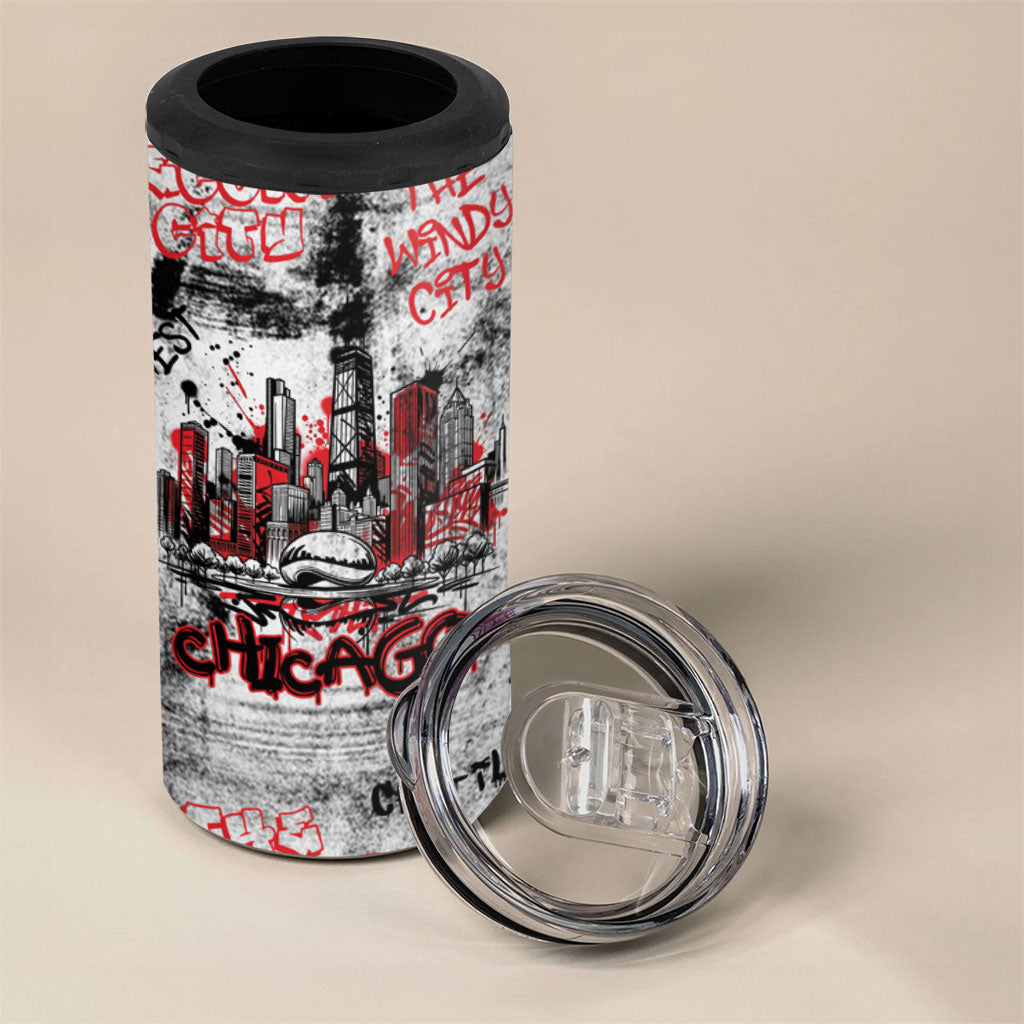 Personalized Chicago City Skyline 4 in 1 Can Cooler Tumbler Urban Graffiti - Cloud Gate - Windy City Typography