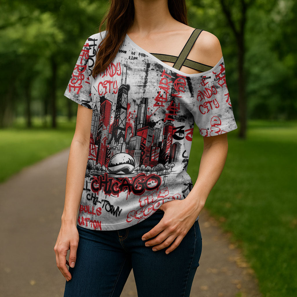 Personalized Chicago City Skyline Cross Shoulder Shirt Urban Graffiti - Cloud Gate - Windy City Typography