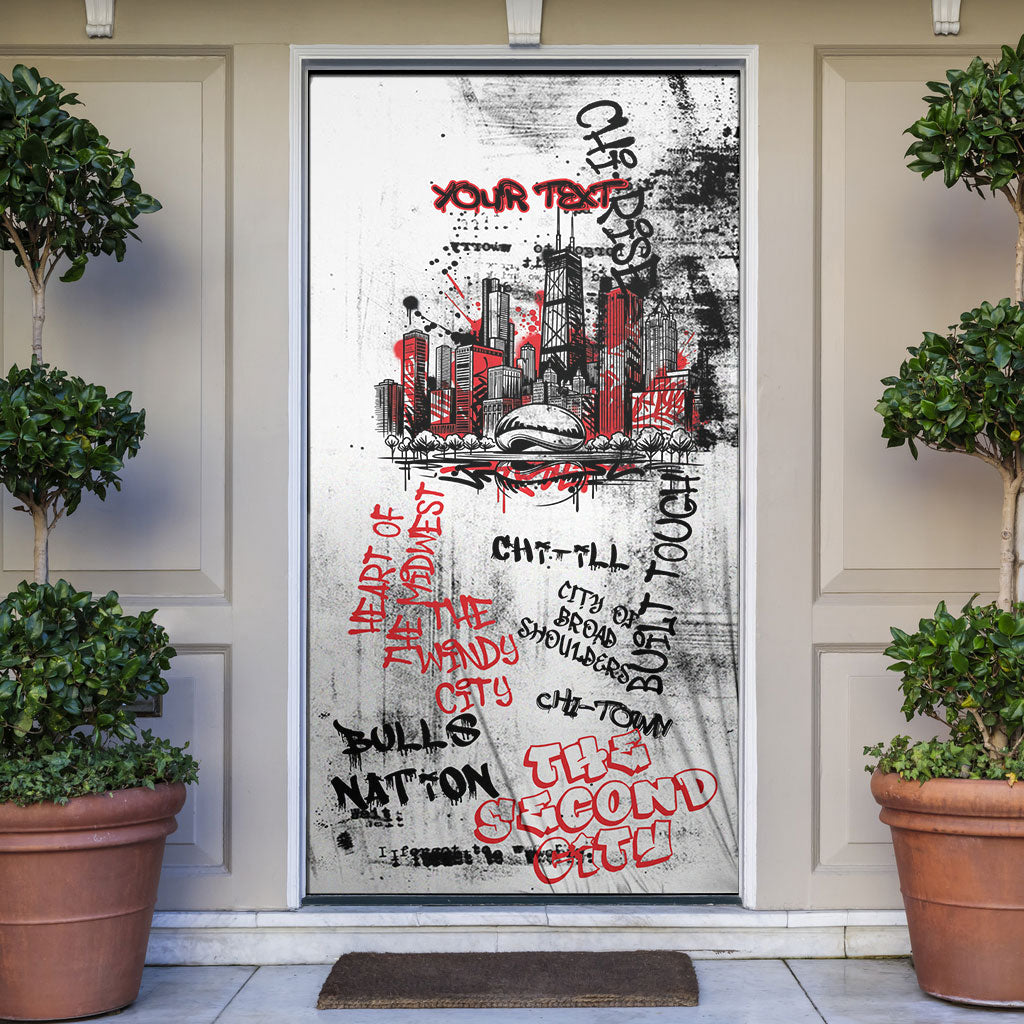 Personalized Chicago City Skyline Door Cover Urban Graffiti - Cloud Gate - Windy City Typography