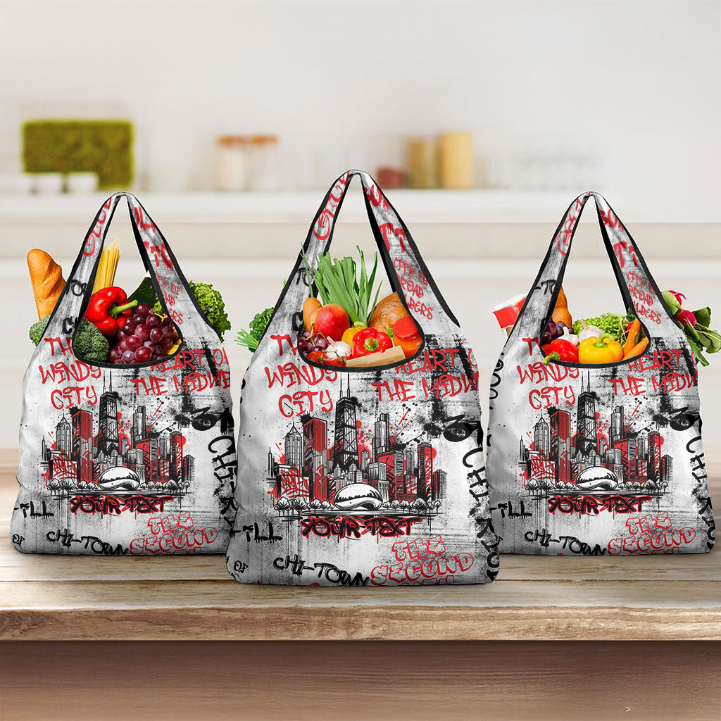 Personalized Chicago City Skyline Grocery Bag Urban Graffiti - Cloud Gate - Windy City Typography