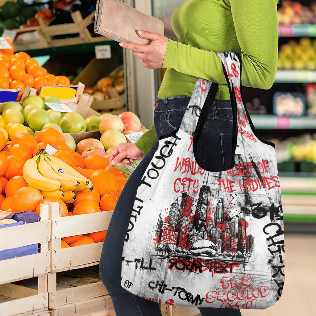 Personalized Chicago City Skyline Grocery Bag Urban Graffiti - Cloud Gate - Windy City Typography