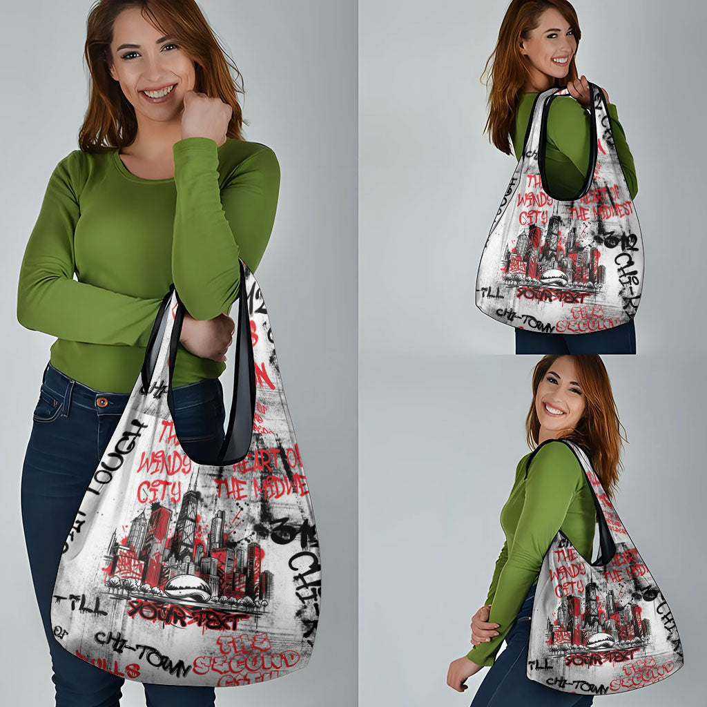 Personalized Chicago City Skyline Grocery Bag Urban Graffiti - Cloud Gate - Windy City Typography