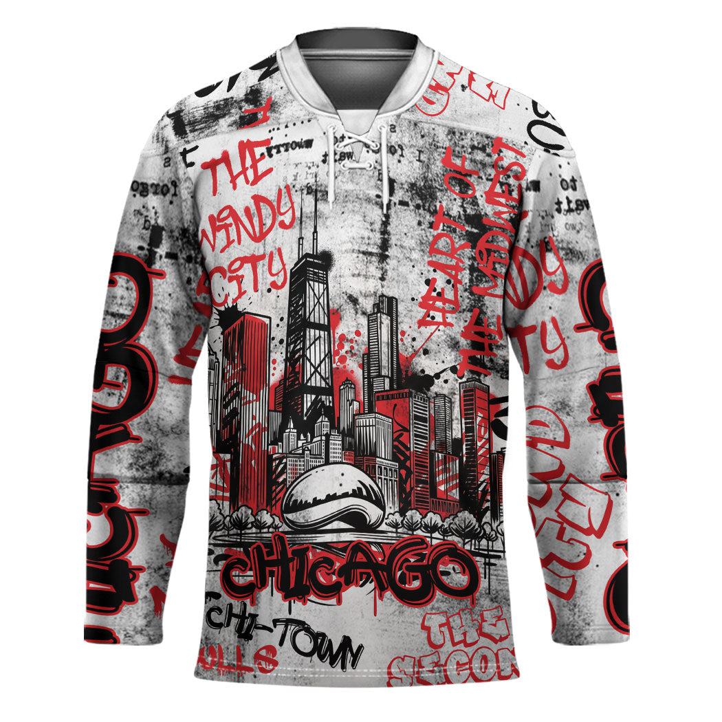 Personalized Chicago City Skyline Hockey Jersey Urban Graffiti - Cloud Gate - Windy City Typography