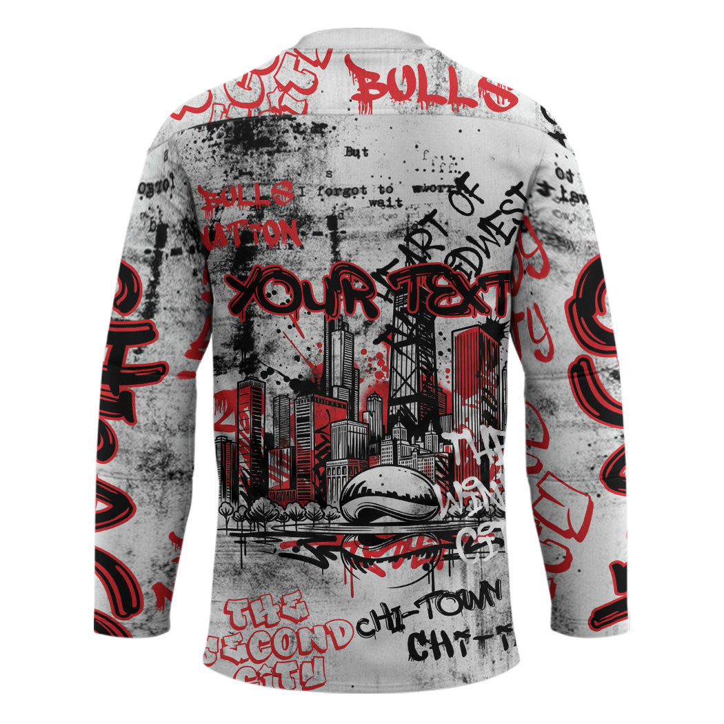 Personalized Chicago City Skyline Hockey Jersey Urban Graffiti - Cloud Gate - Windy City Typography