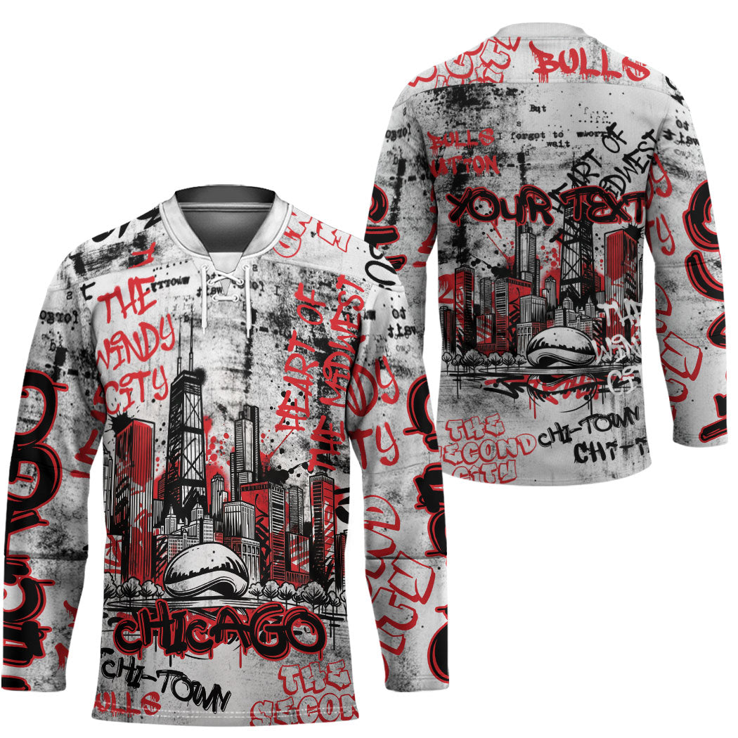 Personalized Chicago City Skyline Hockey Jersey Urban Graffiti - Cloud Gate - Windy City Typography