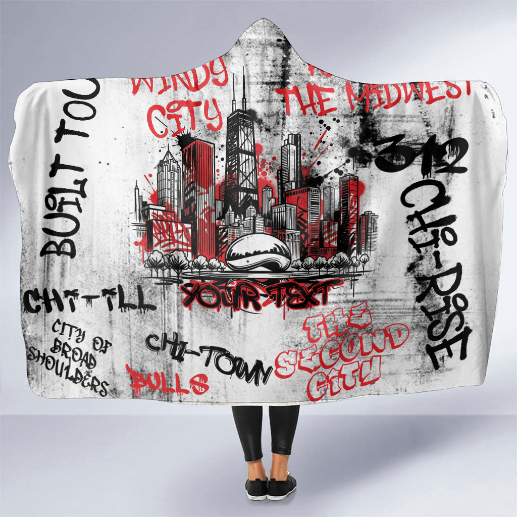 Personalized Chicago City Skyline Hooded Blanket Urban Graffiti - Cloud Gate - Windy City Typography