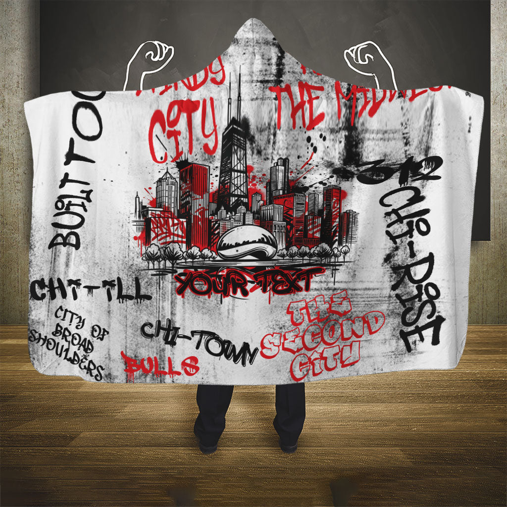 Personalized Chicago City Skyline Hooded Blanket Urban Graffiti - Cloud Gate - Windy City Typography