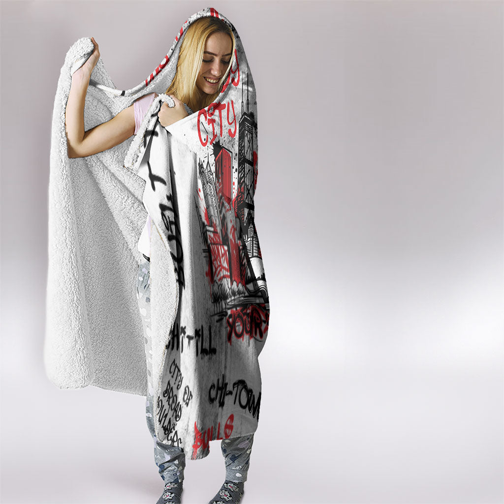 Personalized Chicago City Skyline Hooded Blanket Urban Graffiti - Cloud Gate - Windy City Typography