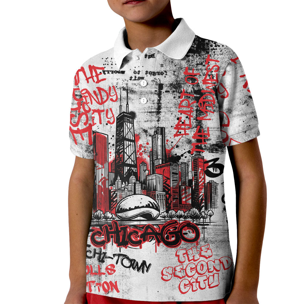 Personalized Chicago City Skyline Kid Polo Shirt Urban Graffiti - Cloud Gate - Windy City Typography