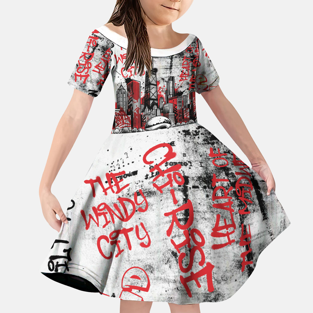 Personalized Chicago City Skyline Kid Short Sleeve Dress Urban Graffiti - Cloud Gate - Windy City Typography