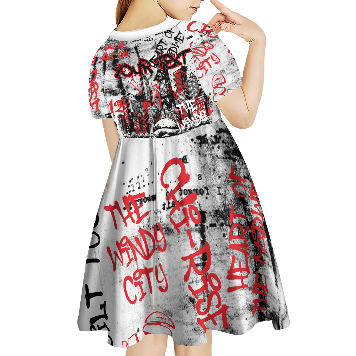 Personalized Chicago City Skyline Kid Short Sleeve Dress Urban Graffiti - Cloud Gate - Windy City Typography
