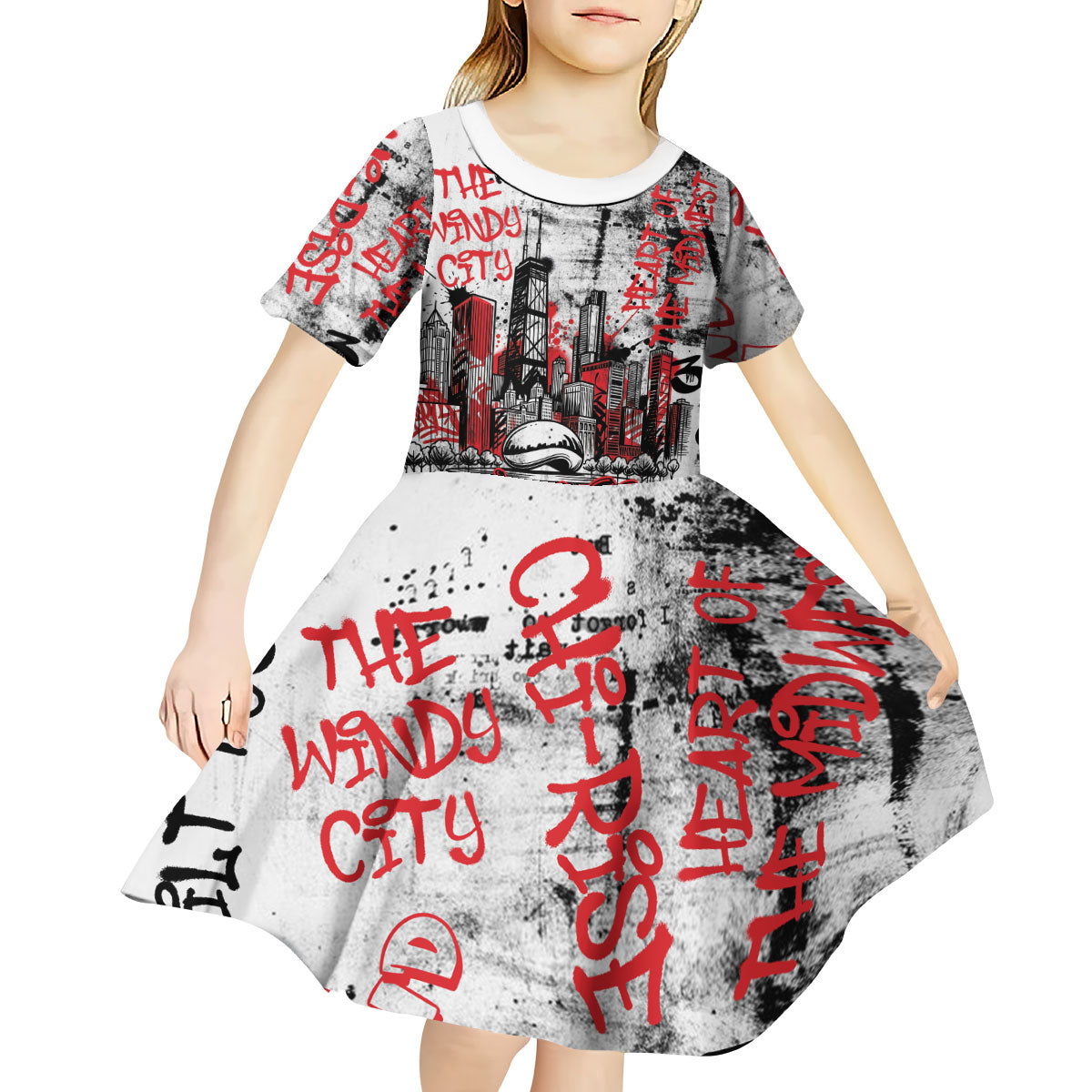 Personalized Chicago City Skyline Kid Short Sleeve Dress Urban Graffiti - Cloud Gate - Windy City Typography