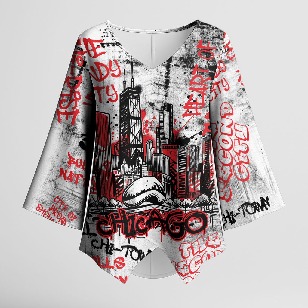 Personalized Chicago City Skyline Kimono Sleeve Blouse Urban Graffiti - Cloud Gate - Windy City Typography