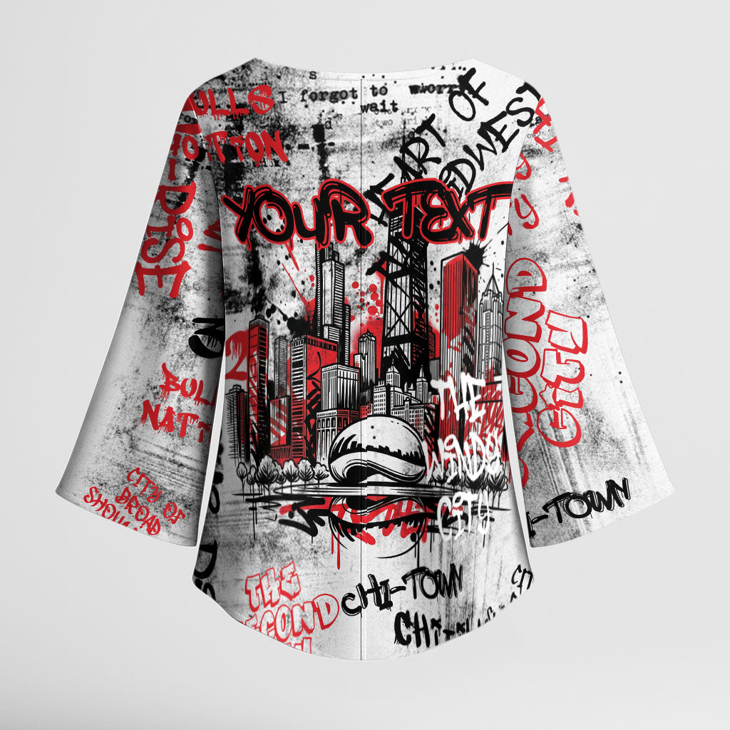 Personalized Chicago City Skyline Kimono Sleeve Blouse Urban Graffiti - Cloud Gate - Windy City Typography