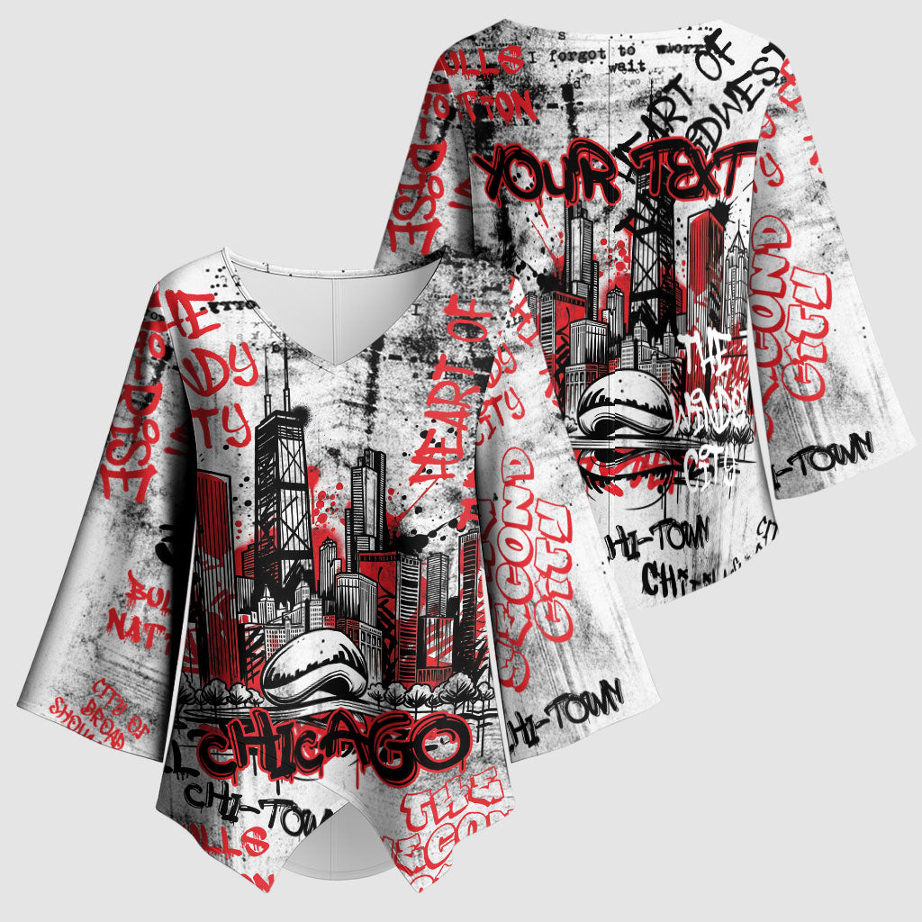Personalized Chicago City Skyline Kimono Sleeve Blouse Urban Graffiti - Cloud Gate - Windy City Typography