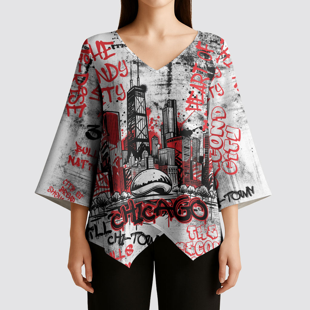 Personalized Chicago City Skyline Kimono Sleeve Blouse Urban Graffiti - Cloud Gate - Windy City Typography