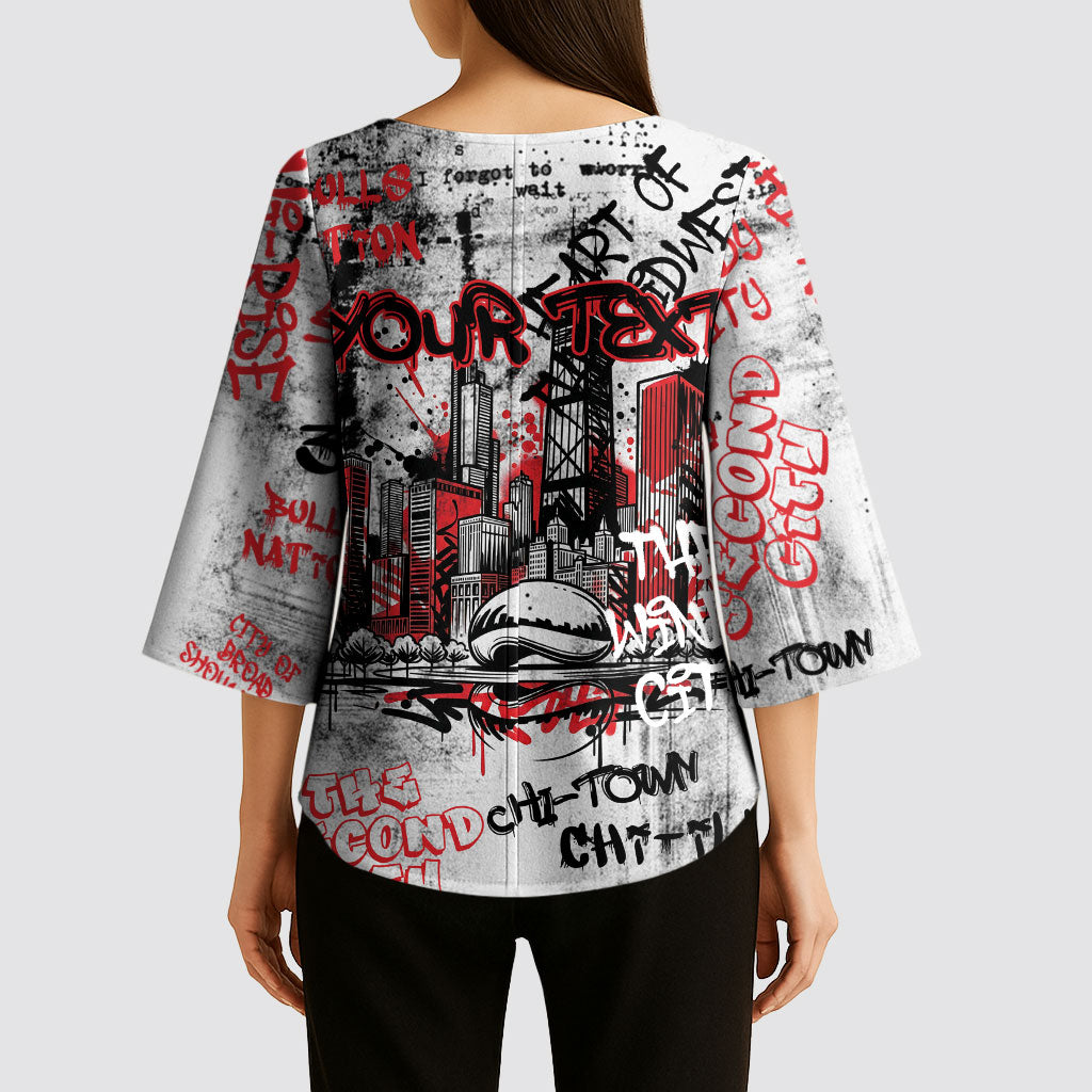 Personalized Chicago City Skyline Kimono Sleeve Blouse Urban Graffiti - Cloud Gate - Windy City Typography