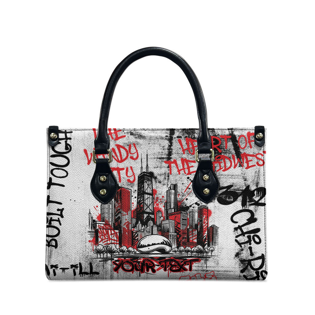 Personalized Chicago City Skyline Leather Bag Urban Graffiti - Cloud Gate - Windy City Typography