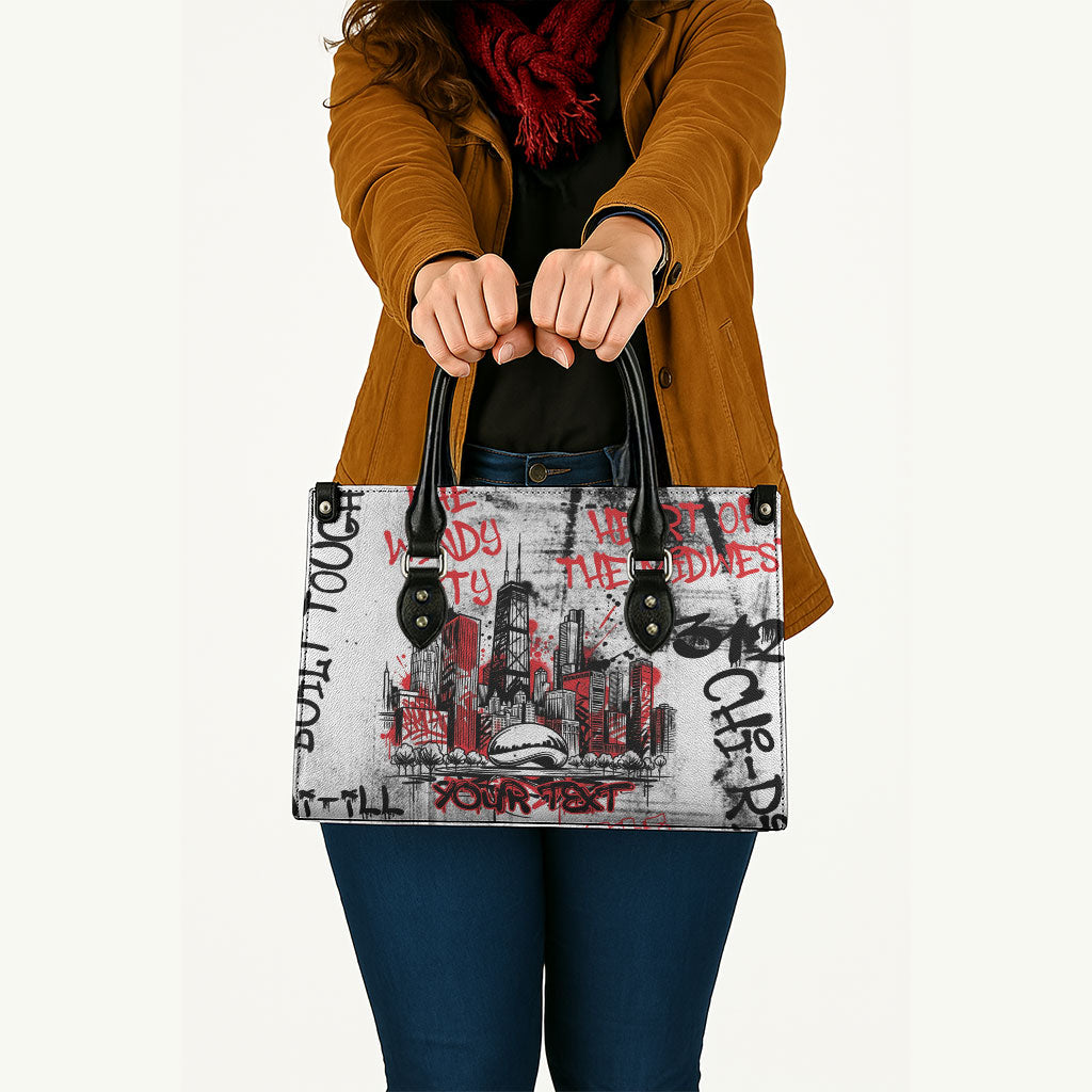 Personalized Chicago City Skyline Leather Bag Urban Graffiti - Cloud Gate - Windy City Typography