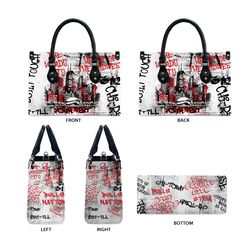 Personalized Chicago City Skyline Leather Bag Urban Graffiti - Cloud Gate - Windy City Typography