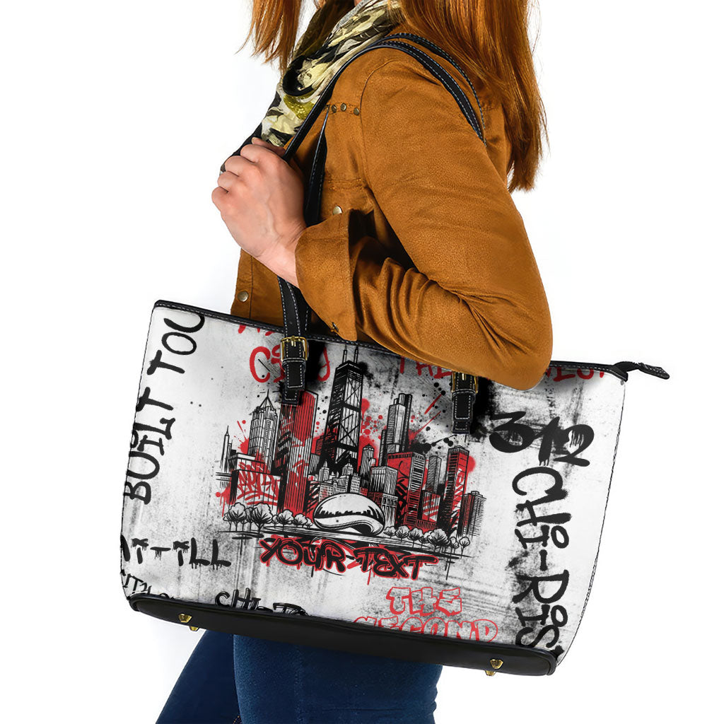 Personalized Chicago City Skyline Leather Tote Bag Urban Graffiti - Cloud Gate - Windy City Typography